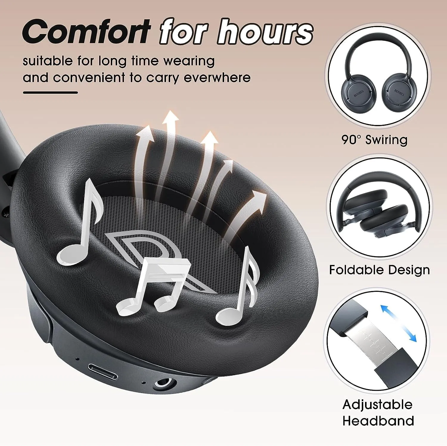 BERIBES Upgraded Hybrid Active Noise Cancelling Headphones with Transparent Modes,65H Playtime Wireless Bluetooth with Mic, Deep Bass,3.5Mm Cable,Soft-Earpads,Fast Charging-Black