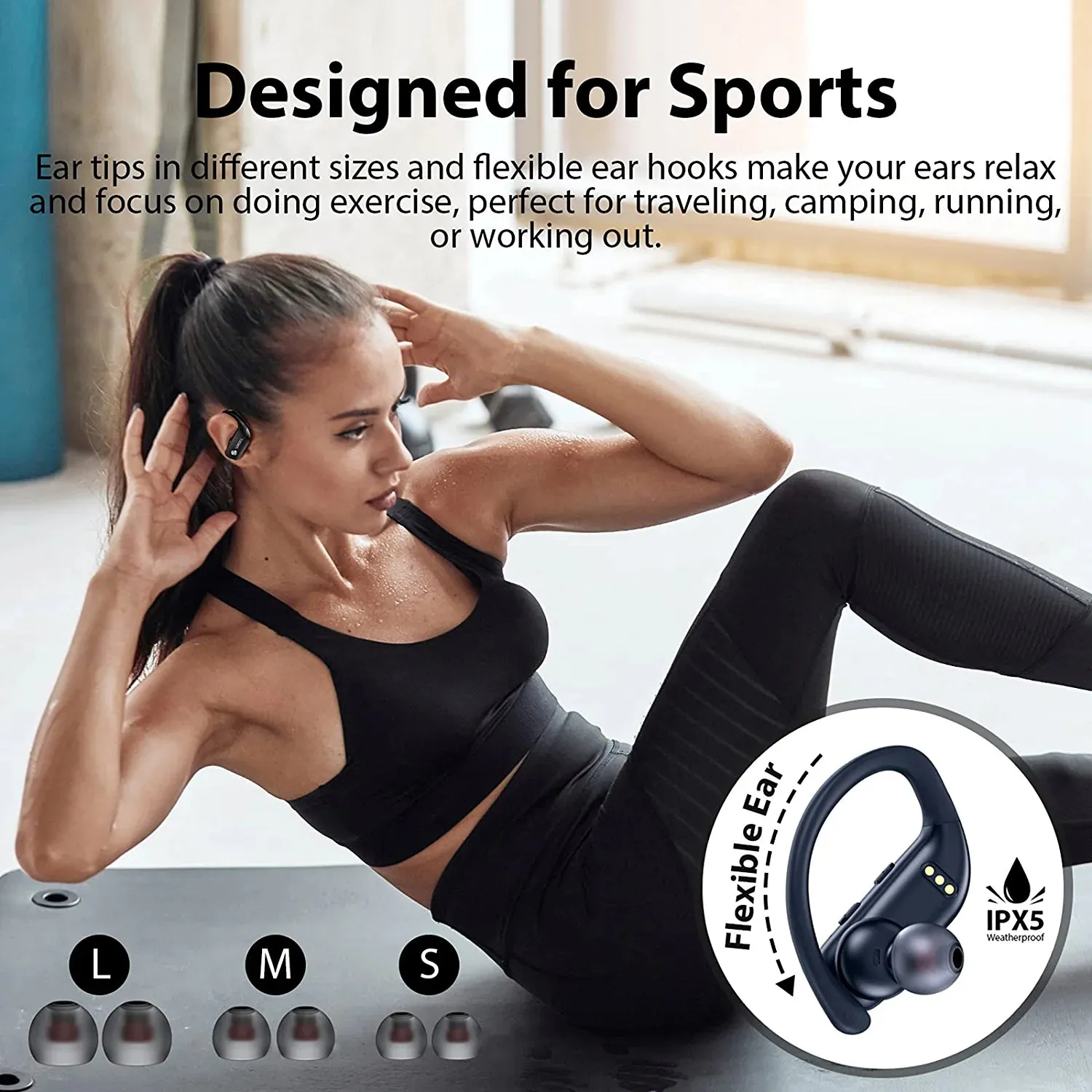 Bmanl Wireless Earbuds Bluetooth Headphones 48Hrs Play Back Sport Earphones with LED Display Over-Ear Buds with Earhooks Built-In Mic Headset for Workout Black BMANI-VEAT00L