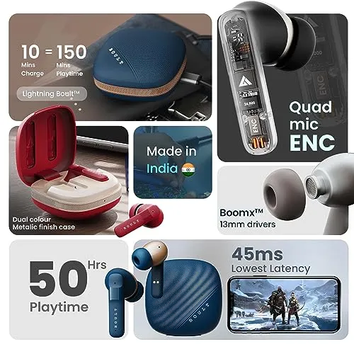 Boult Audio Newly Launched W50 Bluetooth Truly Wireless in Ear Earbuds with 50H Playtime, Quad Mic ENC, 45ms Low Latency Gaming, Dual Tone Fast Charging Case, 13mm Bass Drivers, IPX5 TWS (Ash Black)