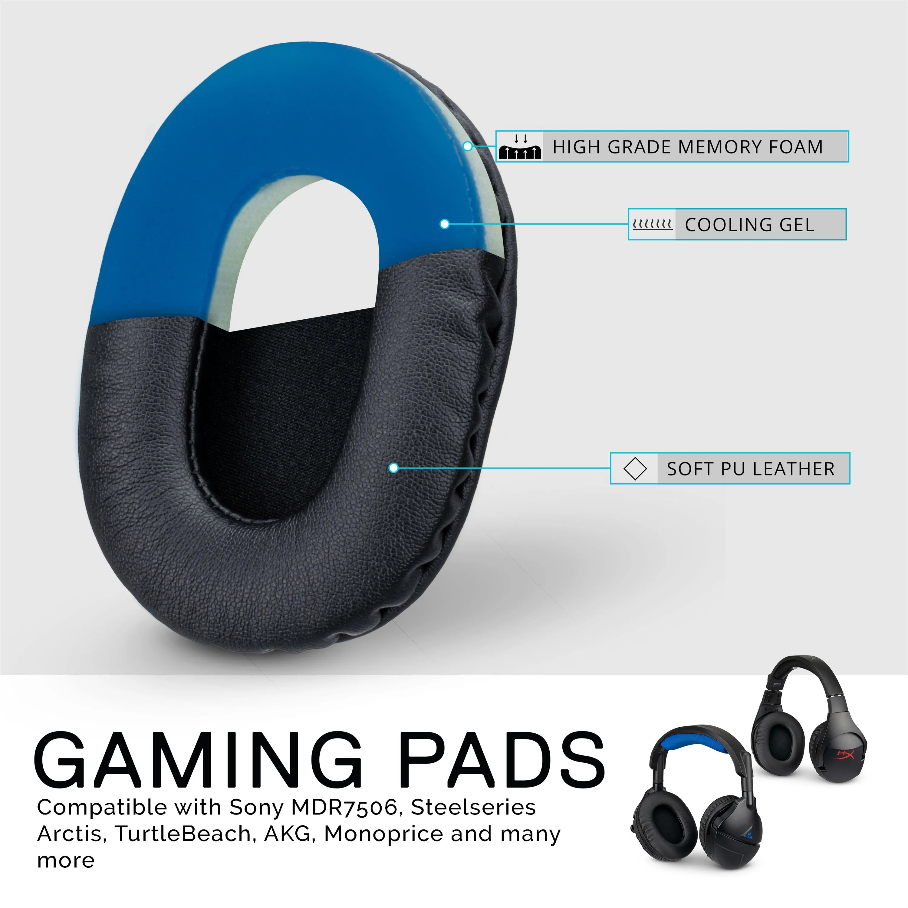 Enhanced Gaming Headphone Earpads - Small Oval - PU Leather w/ Cooling Gel & Memory Foam for Steelseries, Hyperx, Sony MDR-7506, AKG, Turtlebeach, Sennheiser & More