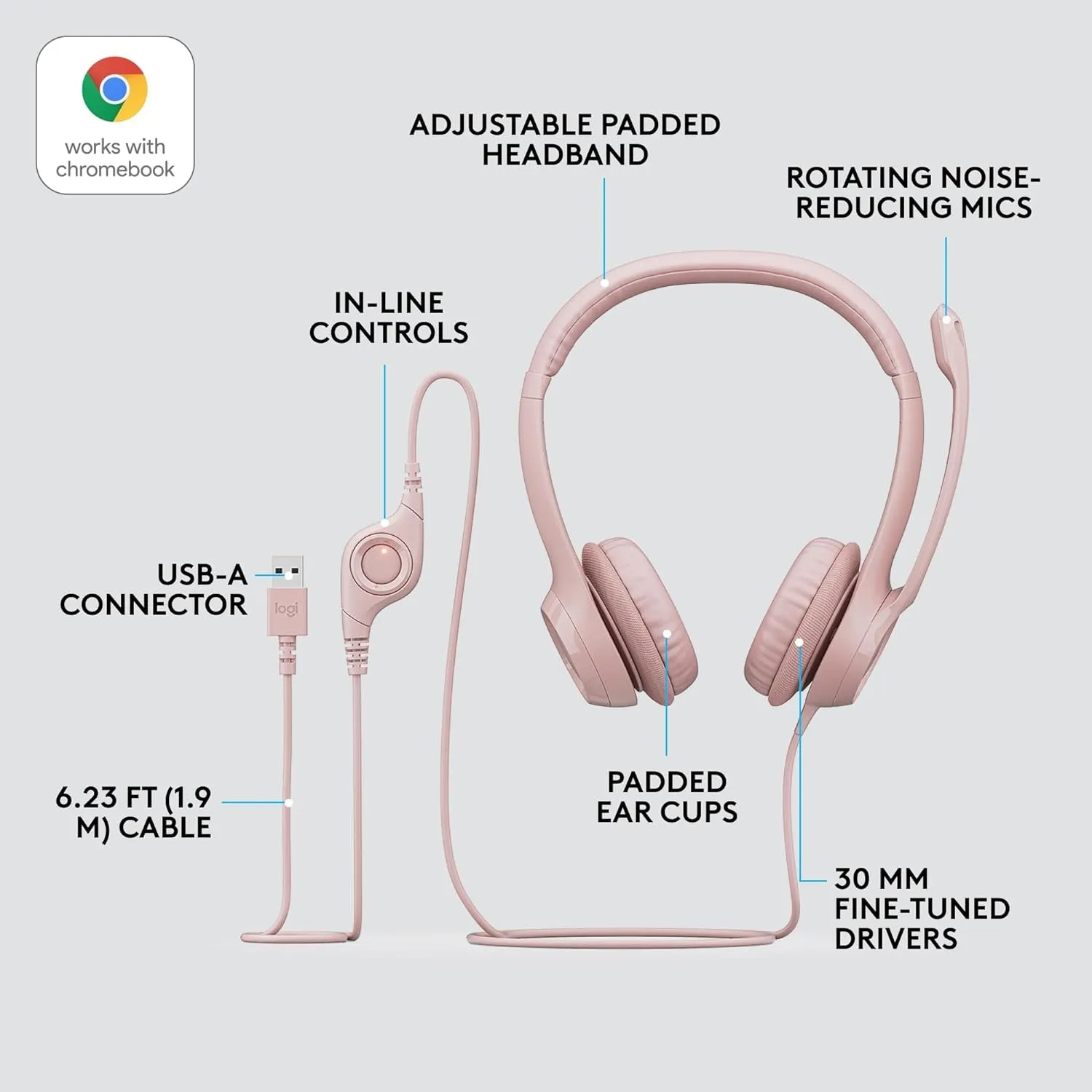 Logitech H390 Wired Headset for Pc/Laptop, Stereo Headphones with Noise Cancelling Microphone, USB-A, In-Line Controls for Video Meetings, Music, Gaming and beyond - Rose