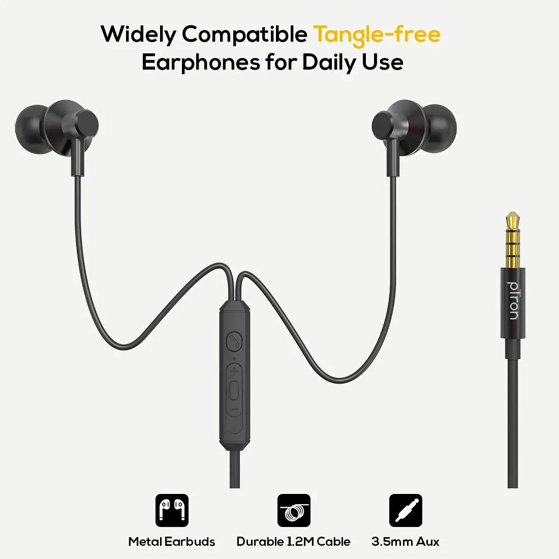 pTron Pride Lite HBE (High Bass Earphones) in Ear Wired Earphones with Mic, 10mm Powerful Driver for Stereo Audio, Noise Cancelling Headset with 1.2m Tangle-Free Cable & 3.5mm Aux - (Black)