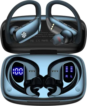 Wireless Earbuds Bluetooth Headphones 48Hrs Play Back Sport Earphones with LED Display Over-Ear Buds with Earhooks Built-In Mic Headset for Workout Black BMANI-VEAT00L